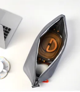 Detail view showing the spacious interior of this gray insulated thermal lunch bag.