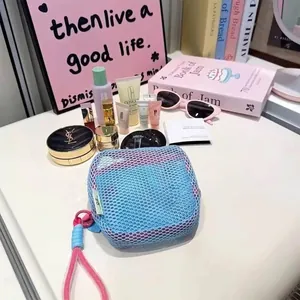 Mini bolsa de malla azul portátil para maquillaje y artículos de tocador de viaje