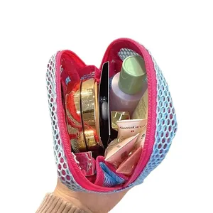 Mini bolsa de malla para cosméticos con cremallera rosa para artículos de aseo y viaje