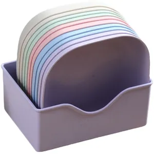 Set of 8 colorful pastel square snack plates with a matching purple storage holder