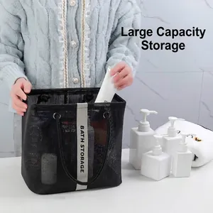 Large capacity black mesh shower caddy bag featuring Bath Storage vertical strap