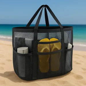 Large black mesh beach bag with storage pockets for swimming and outdoor travel