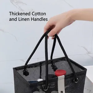 Large black mesh shower caddy featuring a thickened cotton rope handle for bath.