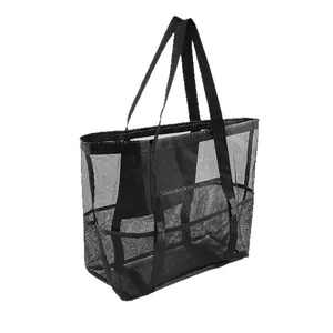 Large capacity black mesh beach tote bag for travel, outdoor sports and gym use.