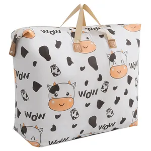Large cow print storage bag with durable handles for moving and quilt organization