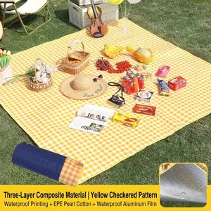Large yellow checkered camping mat with waterproof aluminum film plus a storage bag