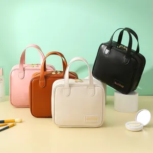 Portable PU Leather Makeup Bag Large Capacity Travel Toiletry Organizer Handheld Cosmetic Storage Bag With Handle For Women