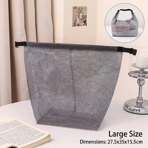 Large gray mesh waterproof travel toiletry bag with top buckle closure for storage