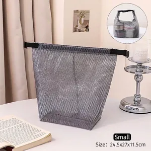 Compact gray mesh toiletry storage bag in small size, 24.5x27x11.5cm dimensions.