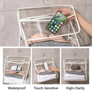 Transparent waterproof hanging storage bag for bathroom with touchscreen phone pouch