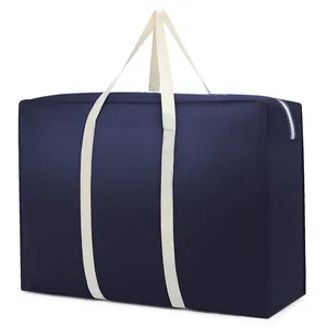 Extra large navy blue moving storage bag with reinforced white carrying handles for bedding