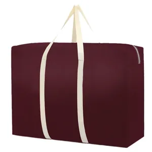 Large capacity maroon storage bag with reinforced white straps for moving and quilts