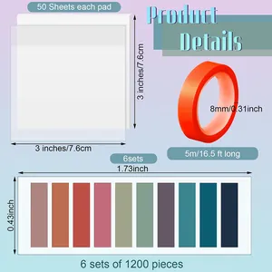 Detailed view of transparent sticky note set with measurements for tabs and rolls