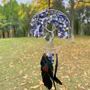 Capteur de rêves arbre de vie fait à la main avec cristaux et plumes pour décoration