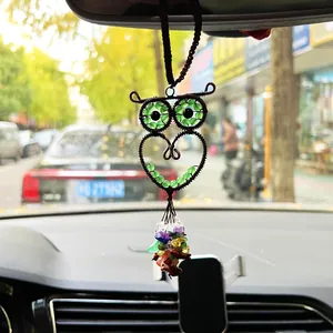 Exquisite handmade owl car hanging ornament featuring colorful crystal chips and green beads.