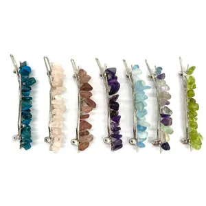 Assorted set of seven colorful natural crystal stone hair clips with irregular chips