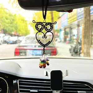 Handmade owl car hanging ornament with seven chakra natural raw crystal stones.