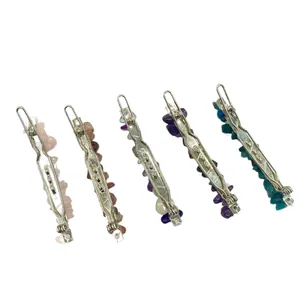 Set of 5 natural crushed crystal stone bobby pins in assorted colors for women