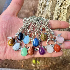 Natural Stone Angel Wing Pendant For Jewelry Making DIY Amethyst Rose Quartz Teardrop Shape Crystal Pendant Only Without Chain
