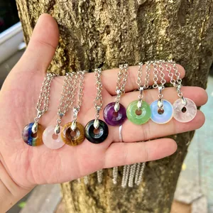 Natural Stone Donut Pendant For DIY Jewelry Making Polished Amethyst Rose Quartz Obsidian Crystal Circle Charm Pendant Only For Women