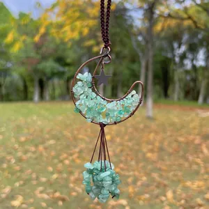 Handmade green natural stone moon hanging ornament with copper wire wrap and star charm