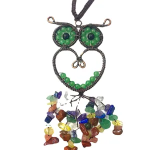 Handmade copper owl pendant with colorful seven chakra crystal beads for car or bag