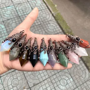 Antique copper wrapped 12-faceted hexagonal cone crystal pendant necklaces set of ten