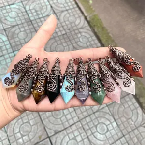 Vintage 12-facet hexagonal crystal pendants with ornate copper wire wrapping in multiple colors