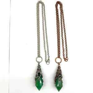 Vintage 12-facet hexagonal green crystal necklace with decorative bat wing pendant wrap