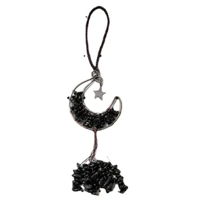 Hand-woven crescent moon hanging ornament with black crushed stones and star charm