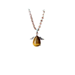 Tiger eye stone angel wing pendant necklace with durable silver-colored link chain design
