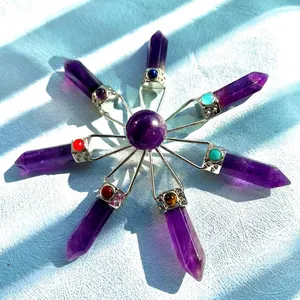 Natural amethyst crystal hexagonal point pendulum set with seven chakra stones and beads