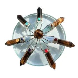 Natural tiger eye hexagonal crystal pillar energy star set with seven chakra stones