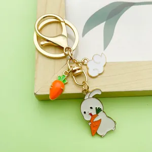 Cute enamel rabbit and carrot keychain with gold-plated alloy ring