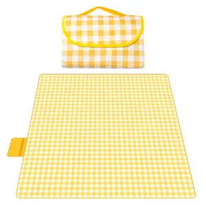 Yellow checkered waterproof picnic mat for outdoor camping and beach