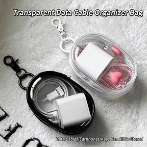 Portable Transparent Cable Storage Bag Small Mini Zipper Pouch With Metal Hook For Earphone Charger Organizing Case