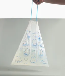 Detailed view of the drawstring trash bag featuring a cute blue bunny print