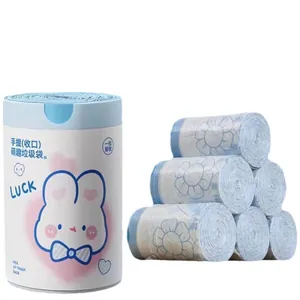 Cute cartoon rabbit drawstring trash bags with blue floral prints for home kitchen