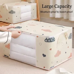 Sac de Rangement pour Couette en Tissu Non Tissé Grande Capacité Motif de Nuage Anti-poussière Organisateur de Vêtements Avec Fenêtre Transparente et Poignée