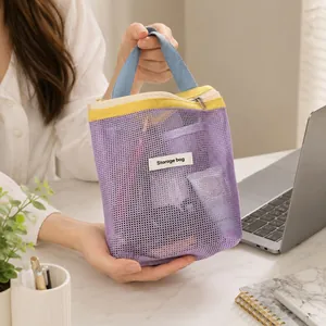 Summer vibrant color-contrast mesh makeup bag with blue handles and zipper