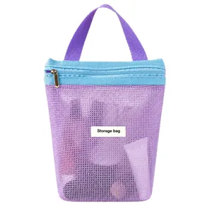 Portable summer contrast color mesh makeup bag with dopamine purple and blue design