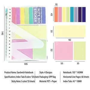 Detailed dimension chart for a multi-functional sticky note set notebook in A6 size