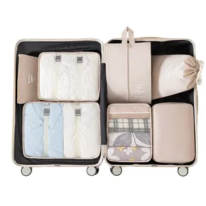 Premium 7pcs beige travel packing cubes set for suitcase luggage organization and storage
