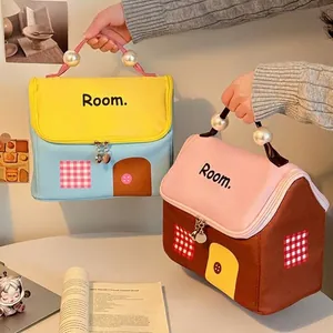 House Shaped Large Capacity Cosmetic Bag Waterproof TPU Travel Toiletry Makeup Organizer With Pearl Handle Dopamine Bag