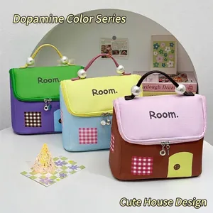 House-shaped large capacity waterproof cosmetic bags with pearl handles and cute patterns