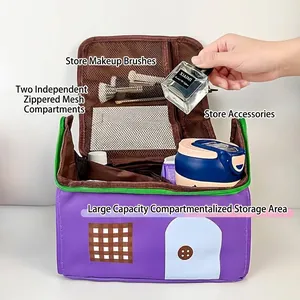 Large capacity house-shaped purple makeup bag with multi-functional storage partitions