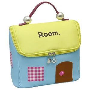 Portable house-shaped cosmetic bag with large capacity and elegant pearl bead handle
