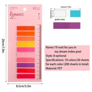 Detailed view of colorful PET transparent sticky notes with dimensions and specs