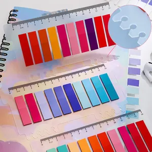 Detail view of colorful index sticky tabs on a transparent 14cm ruler with binder holes