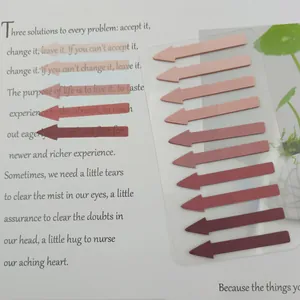 Detailed view of Morandi colored arrow index tabs applied on a book page for reading
